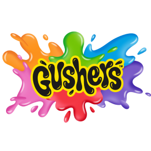 Gushers logo over bright, multicolored paint splashes.