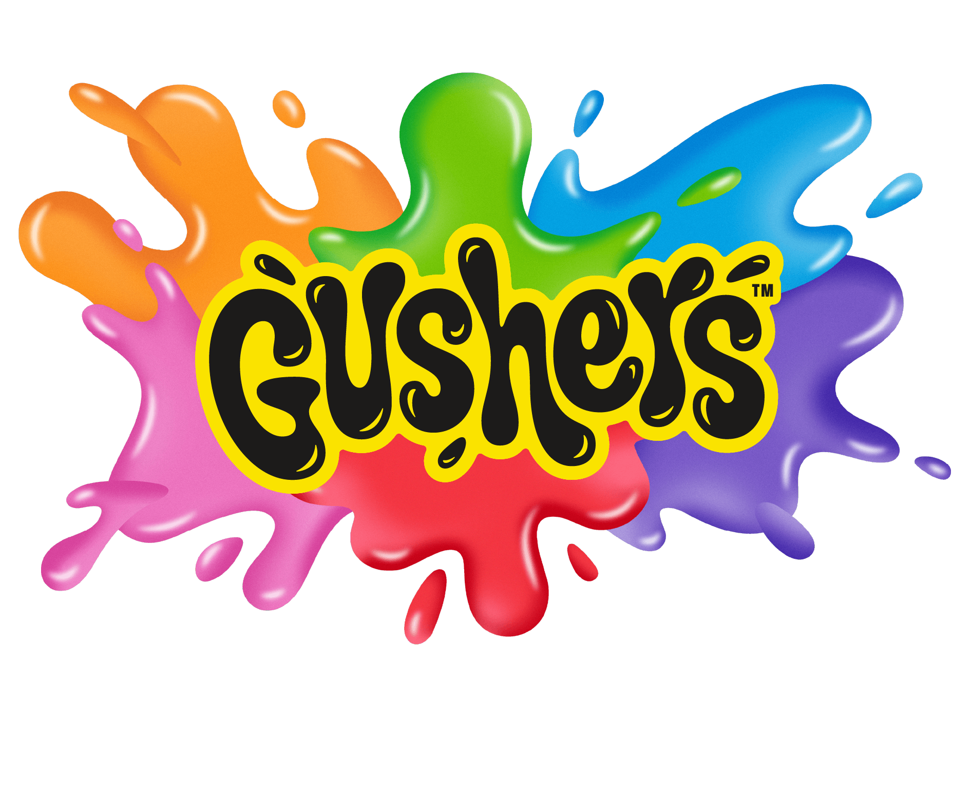Gushers logo over bright, multicolored paint splashes.